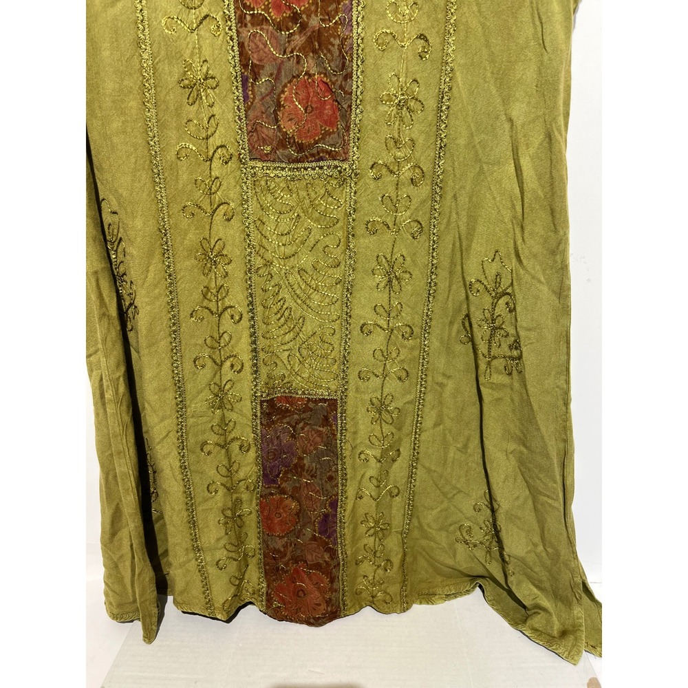 Pineapple Olive Green Floral Patchwork Gold Embroidered V-Neck Midi Dress XL NWT - Picture 3 of 10
